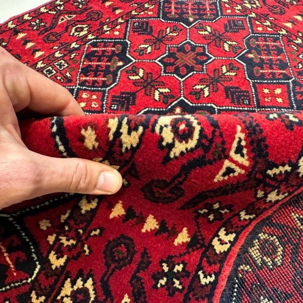 84X127cm Handmade Turkish Wool Carpet – Bold Red & Navy Blue Geometric Design from Afghanistan - Image 3