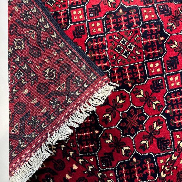 84X127cm Handmade Turkish Wool Carpet – Bold Red & Navy Blue Geometric Design from Afghanistan - Image 4