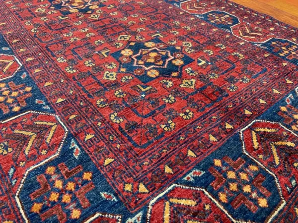 100X145cm Handmade Turkish Wool Rug – Vibrant Red & Blue Geometric Floral Carpet from Afghanistan - Image 3