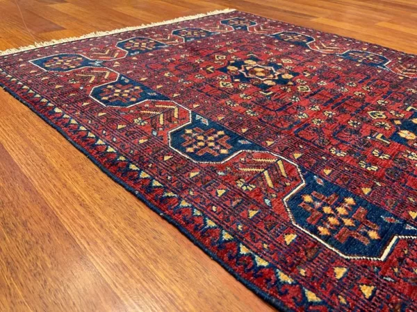 100X145cm Handmade Turkish Wool Rug – Vibrant Red & Blue Geometric Floral Carpet from Afghanistan - Image 4