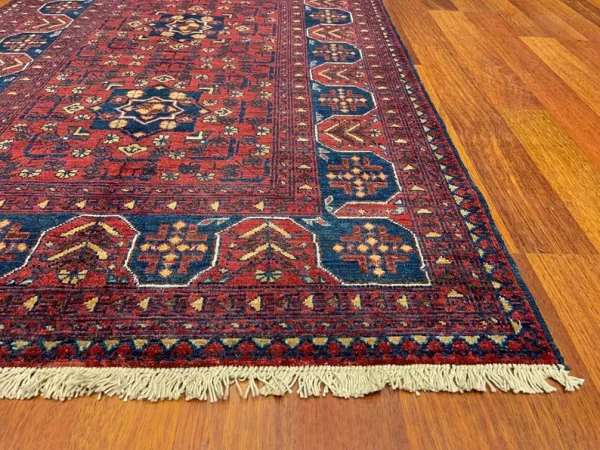 100X145cm Handmade Turkish Wool Rug – Vibrant Red & Blue Geometric Floral Carpet from Afghanistan - Image 5