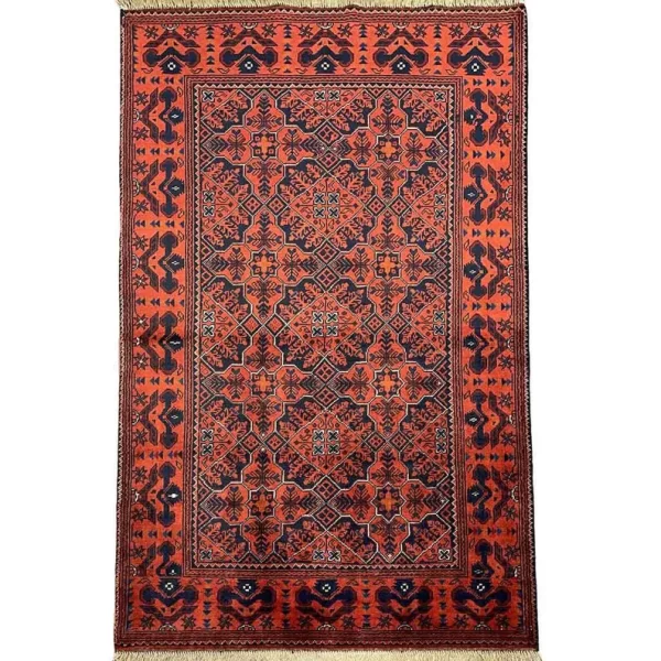 99X153cm Handmade Turkish Wool Rug – Bold Red & Blue Geometric Design Carpet from Afghanistan