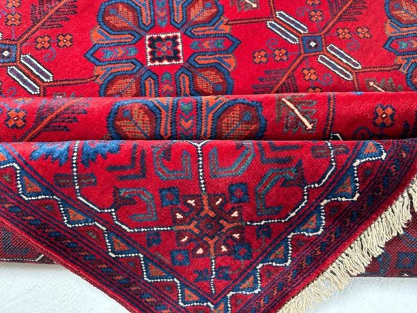 156X202cm Handmade Turkish Wool Rug – Vibrant Red & Blue Geometric Floral Design Carpet from Afghanistan - Image 4