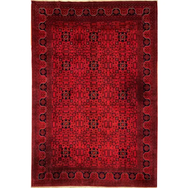201 X 294 cm Handmade Turkish Wool Rug – Bold Red & Blue Geometric Design Carpet from Afghanistan