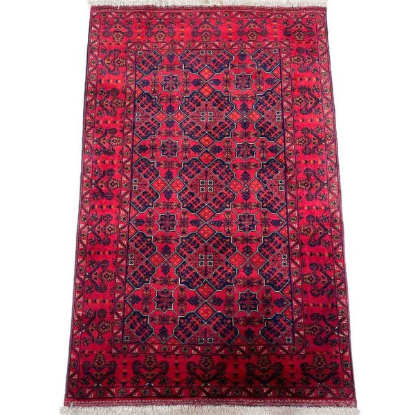 92 X 142 cm Handmade Turkish Wool Rug – Bold Red & Blue Geometric Design Carpet from Afghanistan