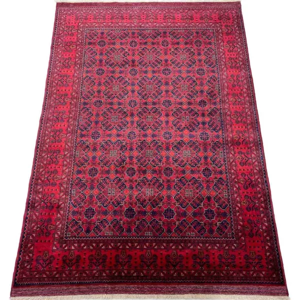185 X 272 cm Handmade Turkish Wool Rug – Elegant Red & Blue Geometric Design Carpet from Afghanistan