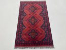 73 X 120 cm Handmade Turkish Wool Rug – Red & Blue Geometric Design with Floral Accents from Afghanistan