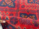 73 X 120 cm Handmade Turkish Wool Rug – Red & Blue Geometric Design with Floral Accents from Afghanistan