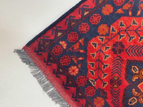 73 X 120 cm Handmade Turkish Wool Rug – Red & Blue Geometric Design with Floral Accents from Afghanistan - Image 4