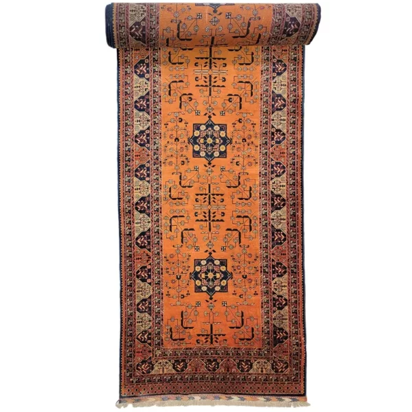 112 X 974 cm Handmade Orange Turkish Wool Rug – Traditional Geometric Design from Afghanistan