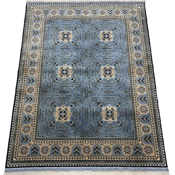 153 X 195cm Handmade Wool Rug – Elegant Blue and Beige Anatolian Design